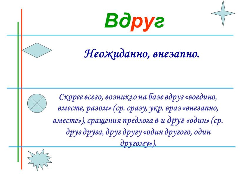 Вдруг Неожиданно, внезапно. Скорее всего, возникло на базе вдруг «воедино, вместе, разом» (ср