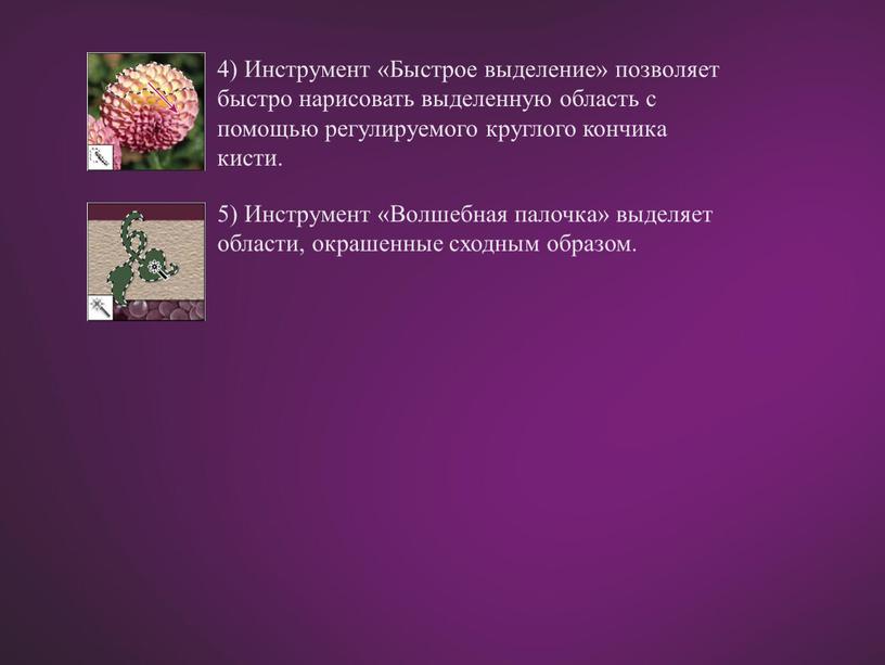 Инструмент «Быстрое выделение» позволяет быстро нарисовать выделенную область с помощью регулируемого круглого кончика кисти