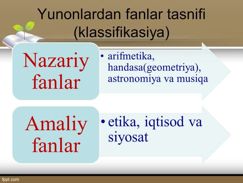 Yunonlardan fanlar tasnifi (klassifikasiya)