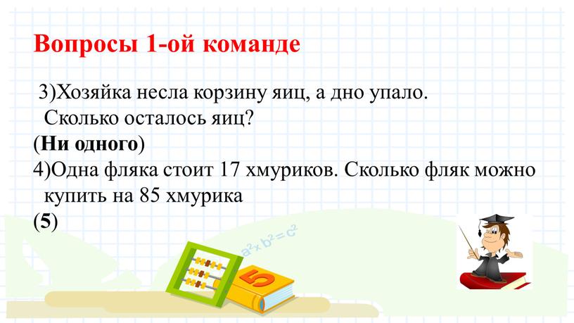 Вопросы 1-ой команде 3)Хозяйка несла корзину яиц, а дно упало