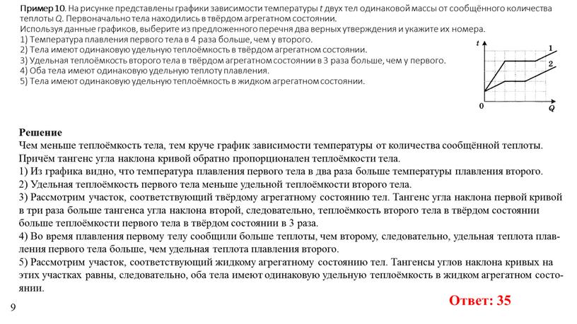 Пример 10 . На ри­сун­ке пред­став­ле­ны гра­фи­ки за­ви­си­мо­сти тем­пе­ра­ту­ры t двух тел оди­на­ко­вой массы от сообщённого ко­ли­че­ства теп­ло­ты