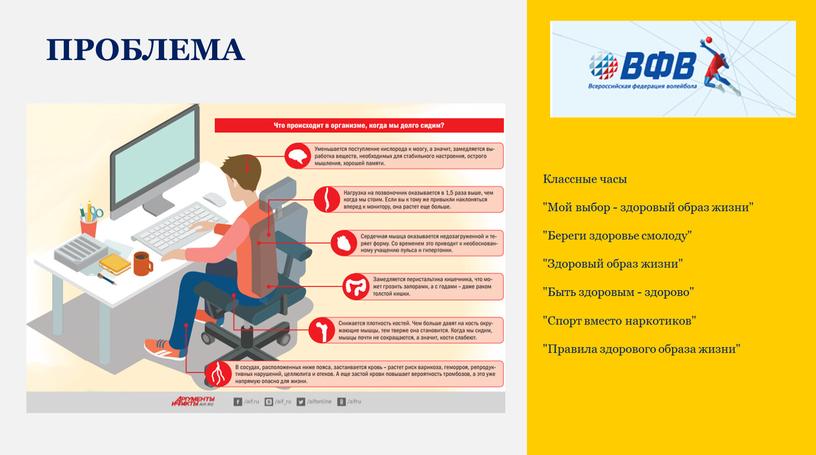 Проблема Классные часы "Мой выбор - здоровый образ жизни" "Береги здоровье смолоду" "Здоровый образ жизни" "Быть здоровым - здорово" "Спорт вместо наркотиков" "Правила здорового образа…