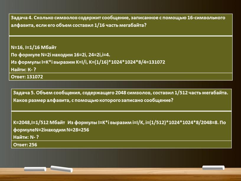 Задача 4. Сколько символов содержит сообщение, записанное с помощью 16-символьного алфавита, если его объем составил 1/16 часть мегабайта?