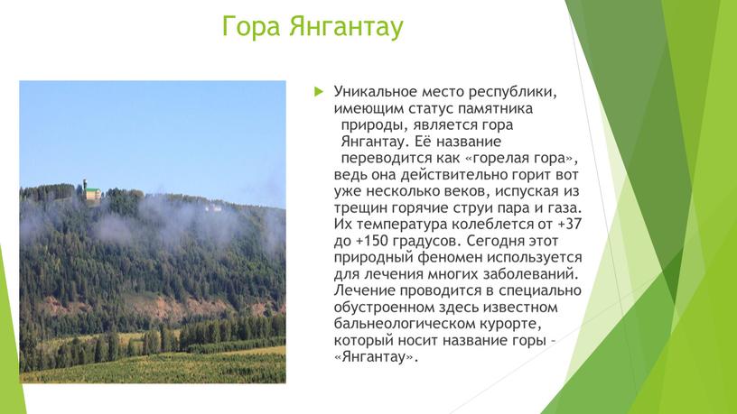 Гора Янгантау Уникальное место республики, имеющим статус памятника природы, является гора