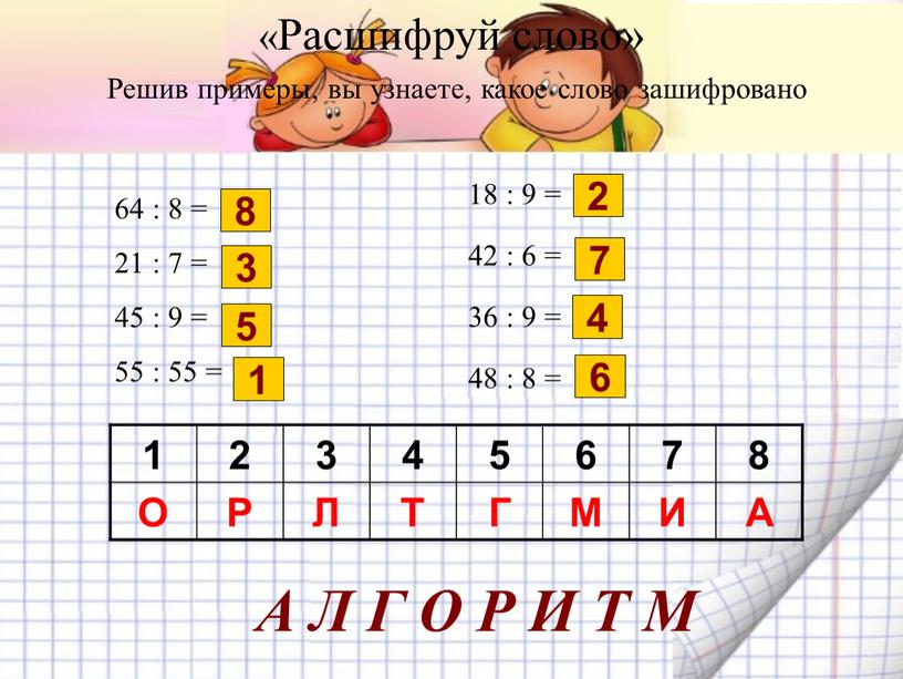 Расшифруй слово» Решив примеры, вы узнаете, какое слово зашифровано 64 : 8 = 21 : 7 = 45 : 9 = 55 : 55 =…