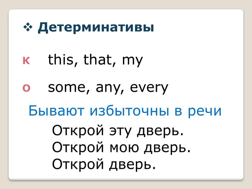 Детерминативы К О this, that, my some, any, every