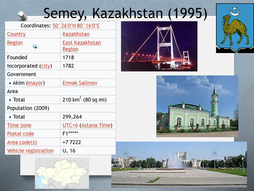 Semey, Kazakhstan (1995) Coordinates: 50°26′0″N 80°16′0″E