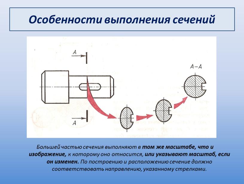 Большей частью сечения выполняют в том же масштабе, что и изображение, к которому оно относится, или указывают масштаб, если он изменен