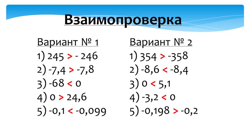 Взаимопроверка Вариант № 1 1) 245 > - 246 2) -7,4 > -7,8 3) -68 < 0 4) 0 > 24,6 5) -0,1 < -0,099