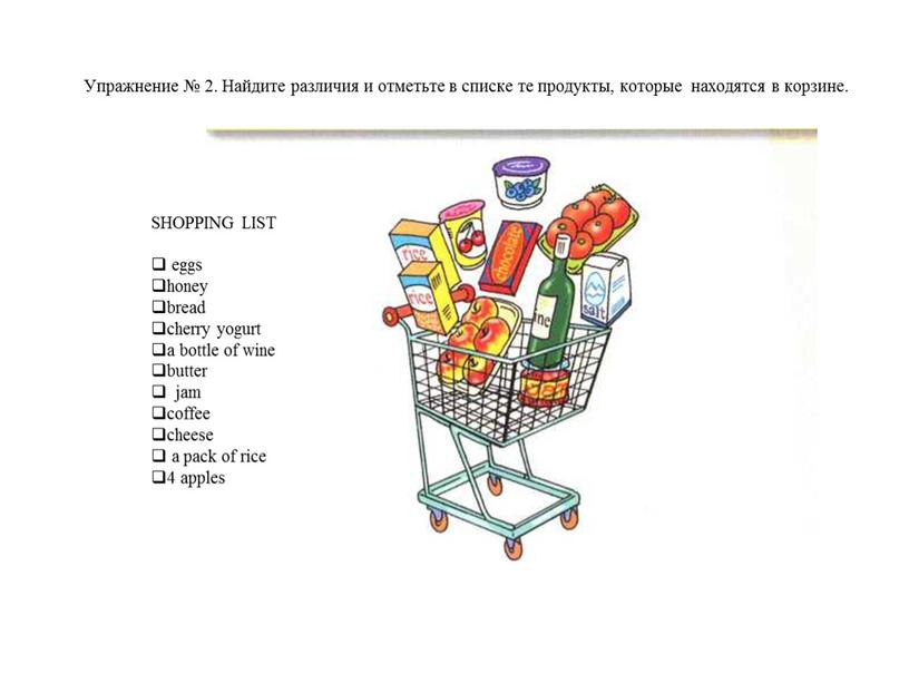 Упражнение № 2. Найдите различия и отметьте в списке те продукты, которые находятся в корзине