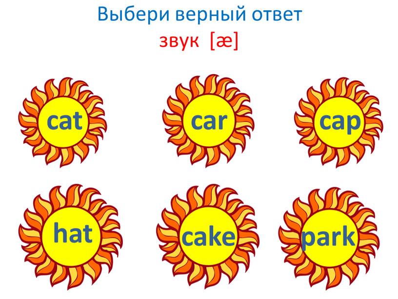 Выбери верный ответ звук [æ] cat car cap hat cake park