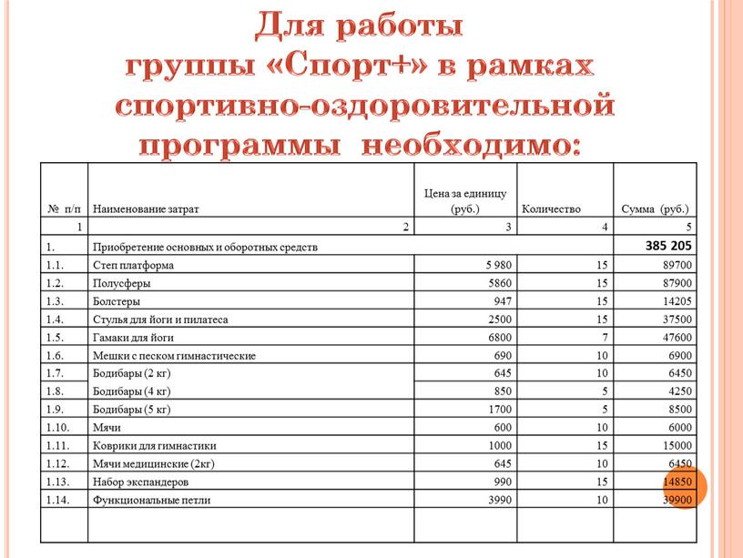 Для работы группы «Спорт+» в рамках спортивно-оздоровительной программы необходимо: № п/п