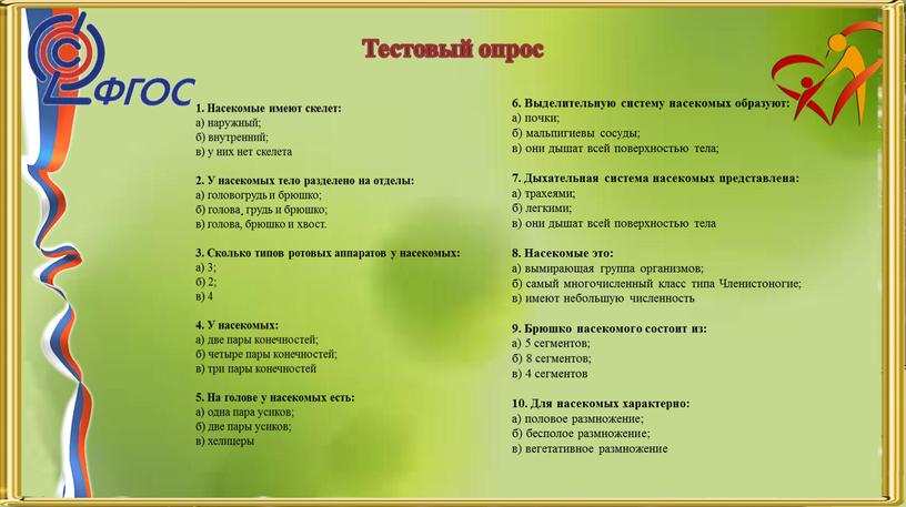 Тестовый опрос 6. Выделительную систему насекомых образуют: а) почки; б) мальпигиевы сосуды; в) они дышат всей поверхностью тела; 7