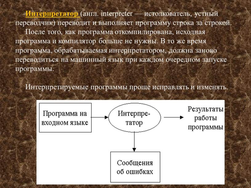 Интерпретатор (англ. interpreter — истолкователь, устный переводчик) переводит и выполняет программу строка за строкой