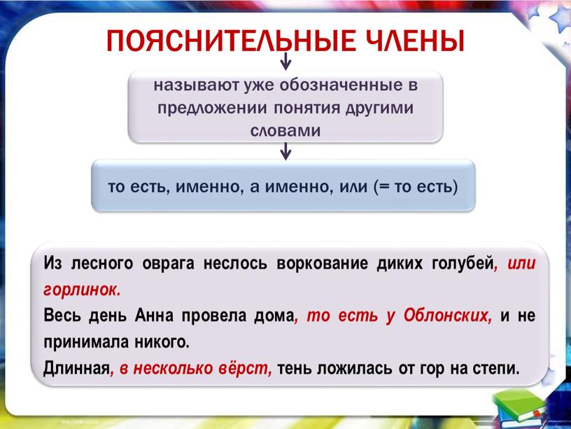 ПОЯСНИТЕЛЬНЫЕ ЧЛЕНЫ называют уже обозначенные в предложении понятия другими словами