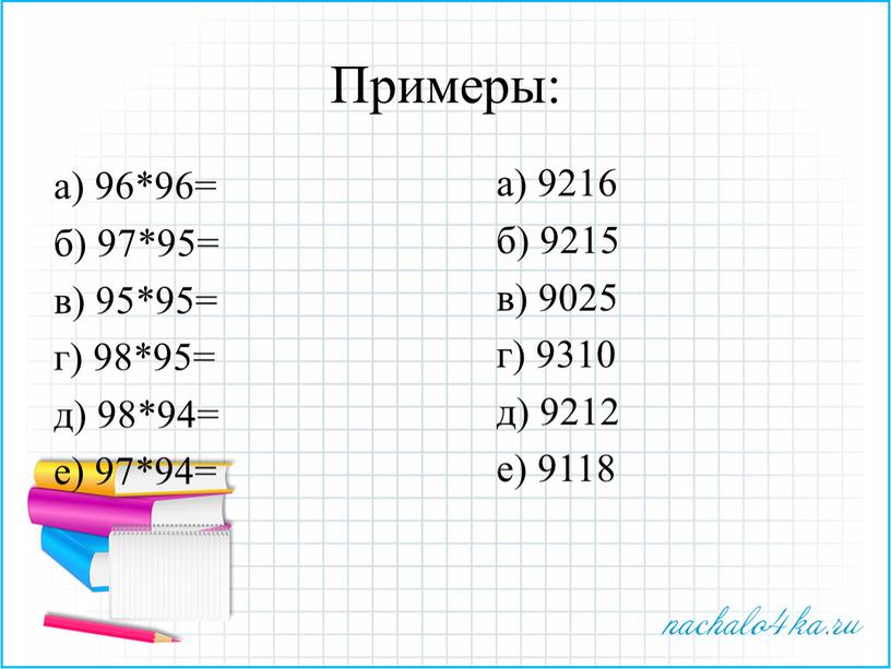 Примеры: а) 96*96= б) 97*95= в) 95*95= г) 98*95= д) 98*94= е) 97*94= а) 9216 б) 9215 в) 9025 г) 9310 д) 9212 е) 9118