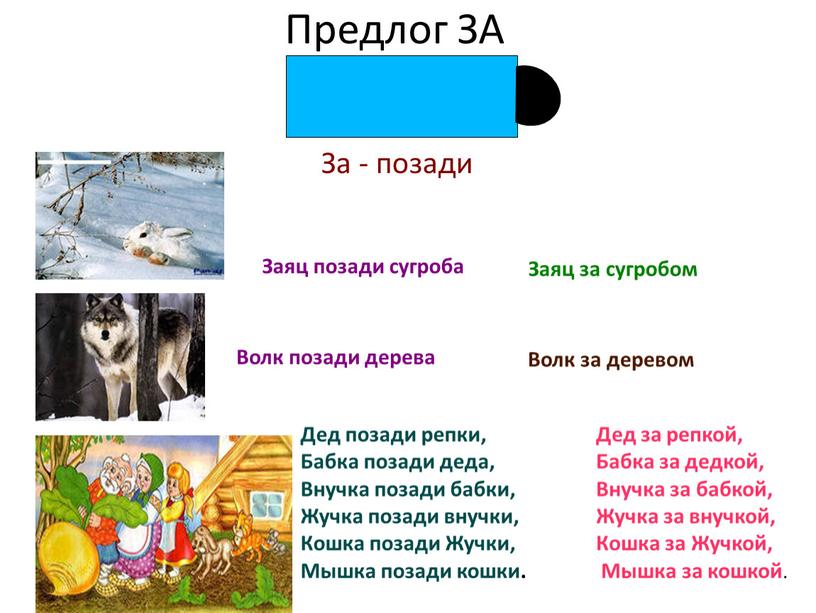 Предлог ЗА За - позади Заяц позади сугроба