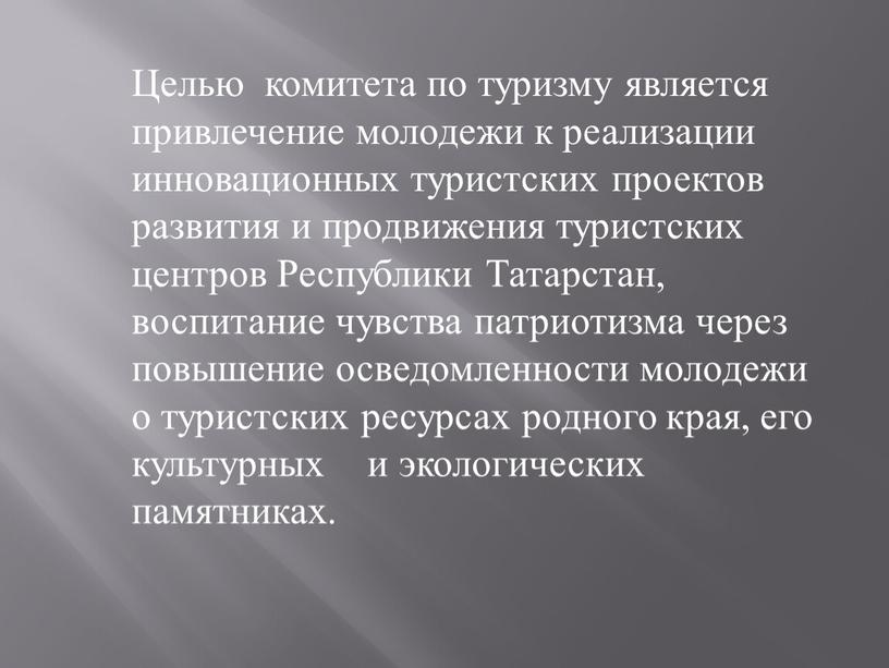 Целью комитета по туризму является привлечение молодежи к реализации инновационных туристских проектов развития и продвижения туристских центров