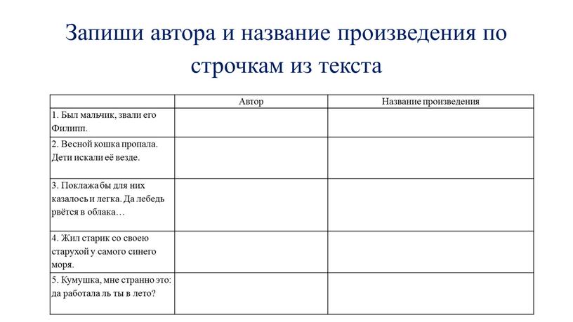 Запиши автора и название произведения по строчкам из текста