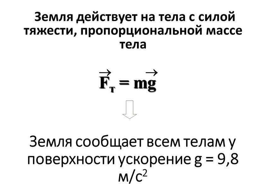 Земля сообщает всем телам у поверхности ускорение g = 9,8 м/с2