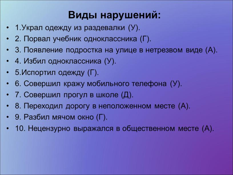 Виды нарушений: 1.Украл одежду из раздевалки (У)