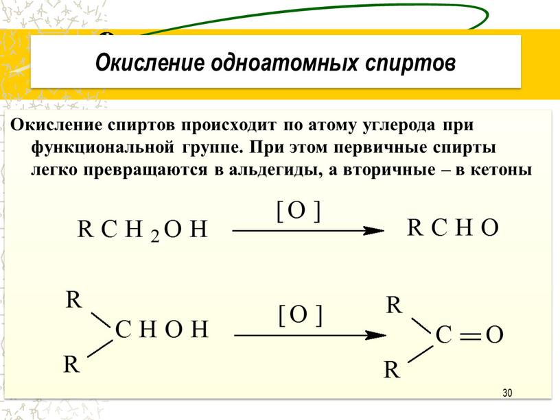 Окисление одноатомных спиртов Окисление спиртов происходит по атому углерода при функциональной группе