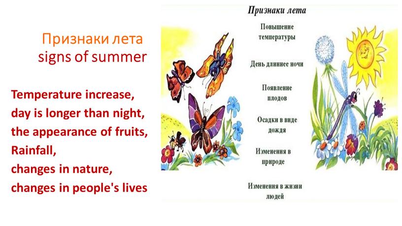 Признаки лета signs of summer Temperature increase, day is longer than night, the appearance of fruits,