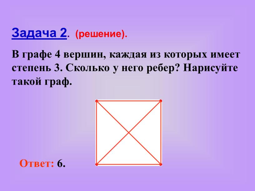 Задача 2 . (решение). В графе 4 вершин, каждая из которых имеет степень 3