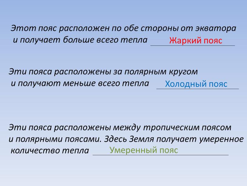 Этот пояс расположен по обе стороны от экватора и получает больше всего тепла