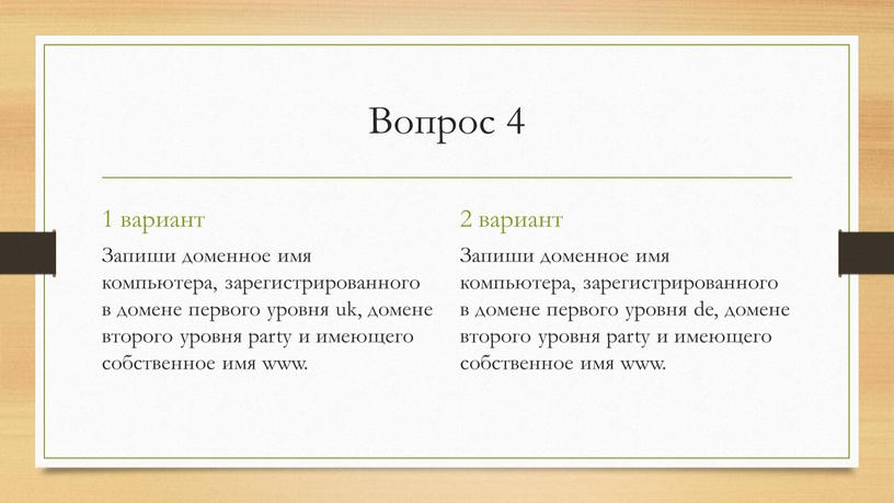 Вопрос 4 1 вариант Запиши доменное имя компьютера, зарегистрированного в домене первого уровня uk, домене второго уровня party и имеющего собственное имя www
