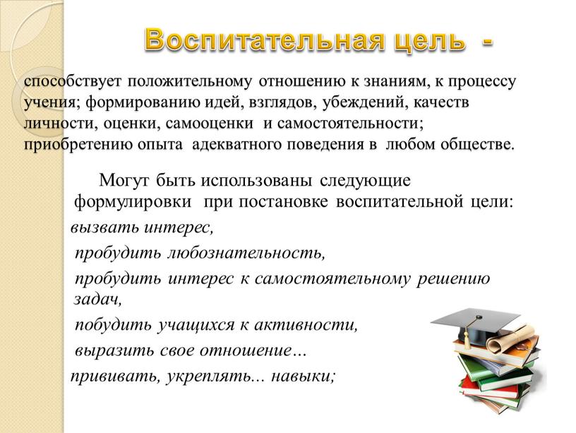 Могут быть использованы следующие формулировки при постановке воспитательной цели: вызвать интерес, пробудить любознательность, пробудить интерес к самостоятельному решению задач, побудить учащихся к активности, выразить свое…