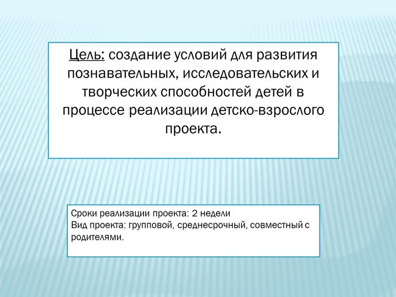 Цель: создание условий для развития познавательных, исследовательских и творческих способностей детей в процессе реализации детско-взрослого проекта