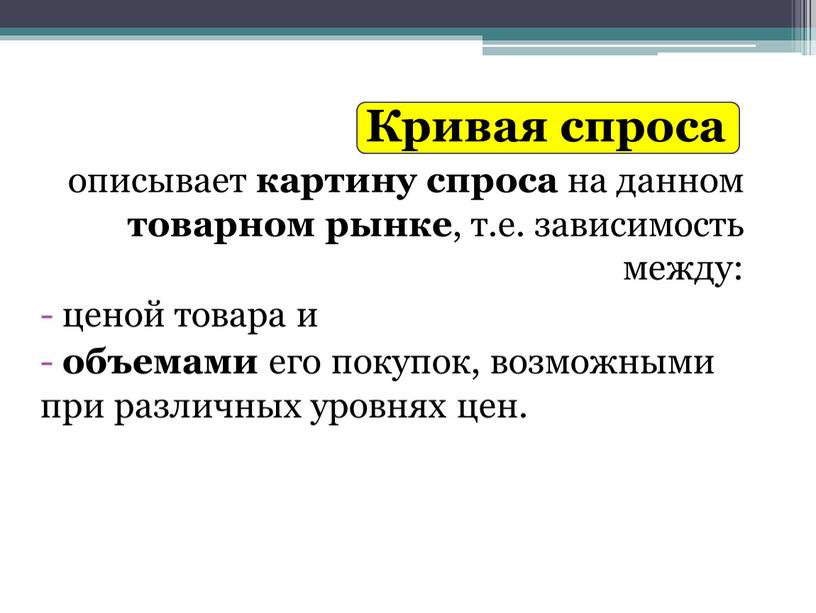 Кривая спроса описывает картину спроса на данном товарном рынке , т