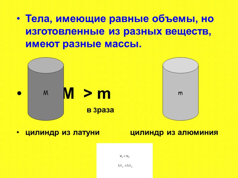 Тела, имеющие равные объемы, но изготовленные из разных веществ, имеют разные массы