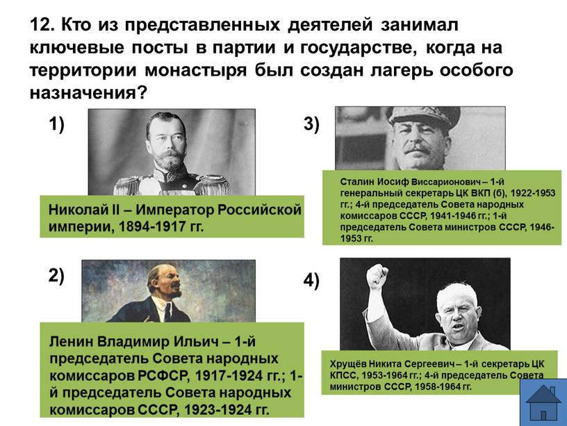 Кто из представленных деятелей занимал ключевые посты в партии и государстве, когда на территории монастыря был создан лагерь особого назначения? 1) 2) 3) 4)