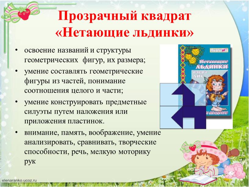 Прозрачный квадрат «Нетающие льдинки» освоение названий и структуры геометрических фигур, их размера; умение составлять геометрические фигуры из частей, понимание соотношения целого и части; умение конструировать…