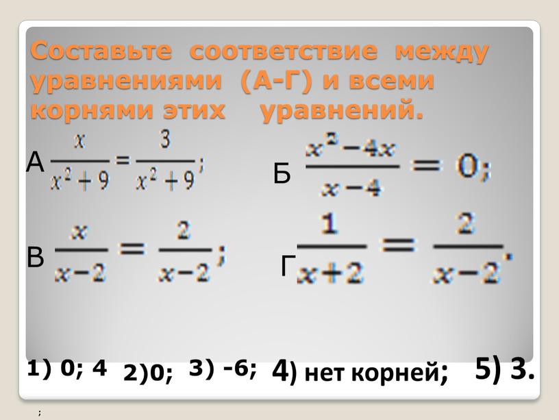 Составьте соответствие между уравнениями (А-Г) и всеми корнями этих уравнений