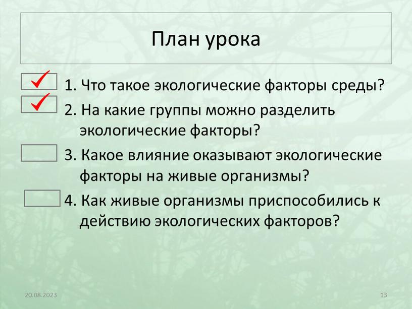 План урока 1. Что такое экологические факторы среды? 2