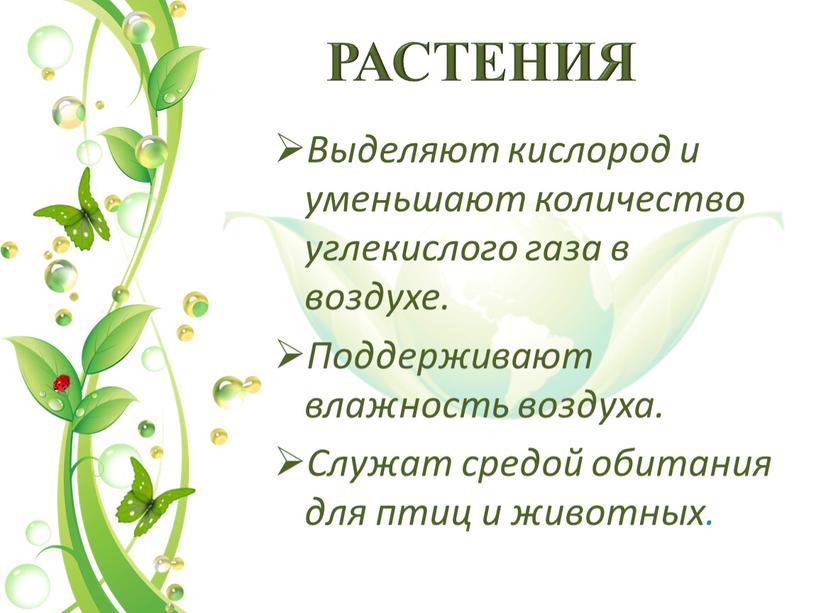 РАСТЕНИЯ Выделяют кислород и уменьшают количество углекислого газа в воздухе