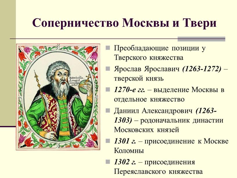 Соперничество Москвы и Твери Преобладающие позиции у