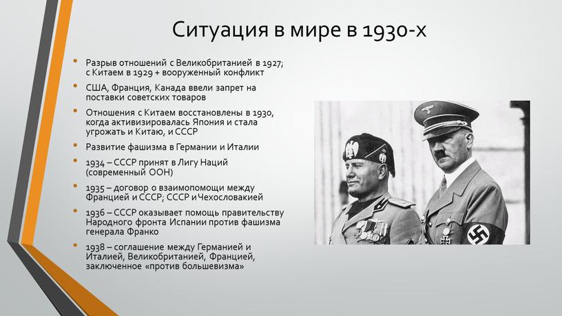 Ситуация в мире в 1930-х Разрыв отношений с