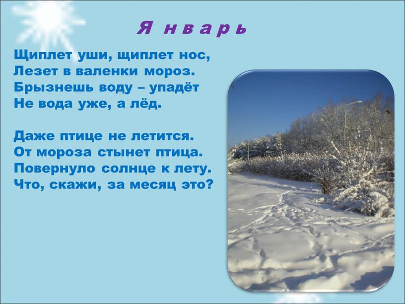 Я н в а р ь Щиплет уши, щиплет нос,