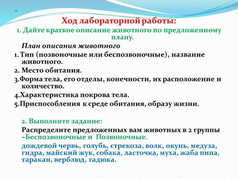 Ход лабораторной работы: 1. Дайте краткое описание животного по предложенному плану