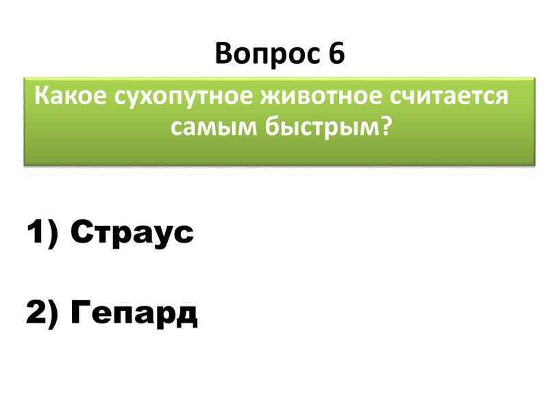 Вопрос 6 Какое сухопутное животное считается самым быстрым? 1)