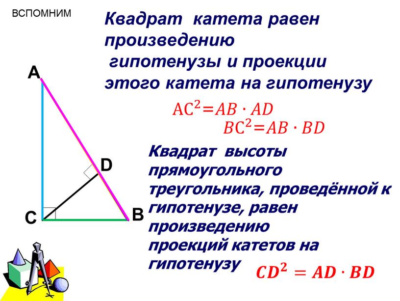 Квадрат катета равен произведению гипотенузы и проекции этого катета на гипотенузу
