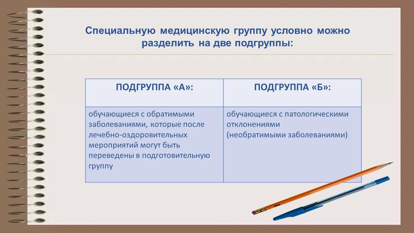 Специальную медицинскую группу условно можно разделить на две подгруппы: