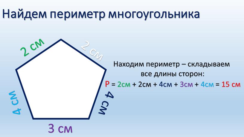 Найдем периметр многоугольника 2 см 2 см 4 см 4 см 3 см
