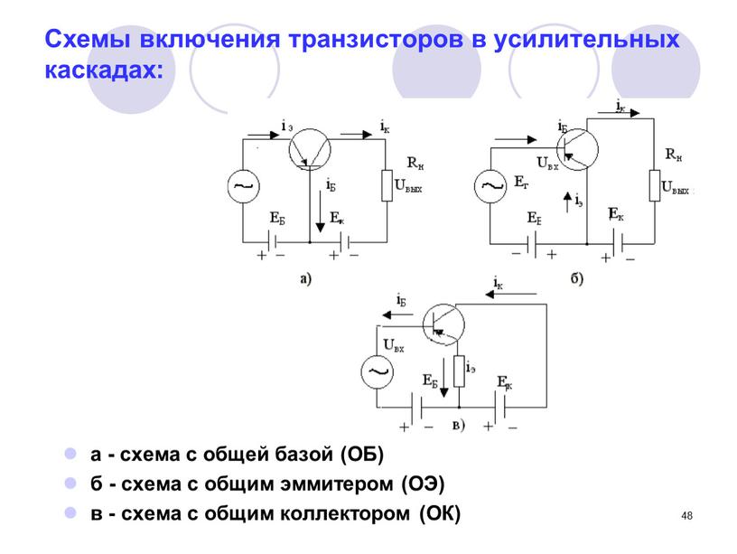 Схемы включения транзисторов в усилительных каскадах: а - схема с общей базой (ОБ) б - схема с общим эммитером (ОЭ) в - схема с общим…