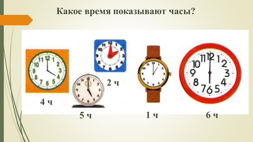 Какое время показывают часы? 4 ч 5 ч 2 ч 1 ч 6 ч
