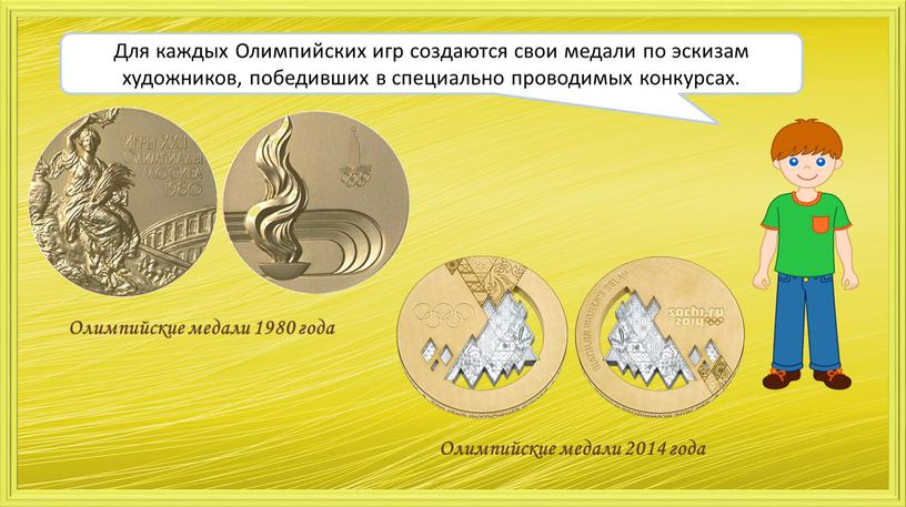 Для каждых Олимпийских игр создаются свои медали по эскизам художников, победивших в специально проводимых конкурсах